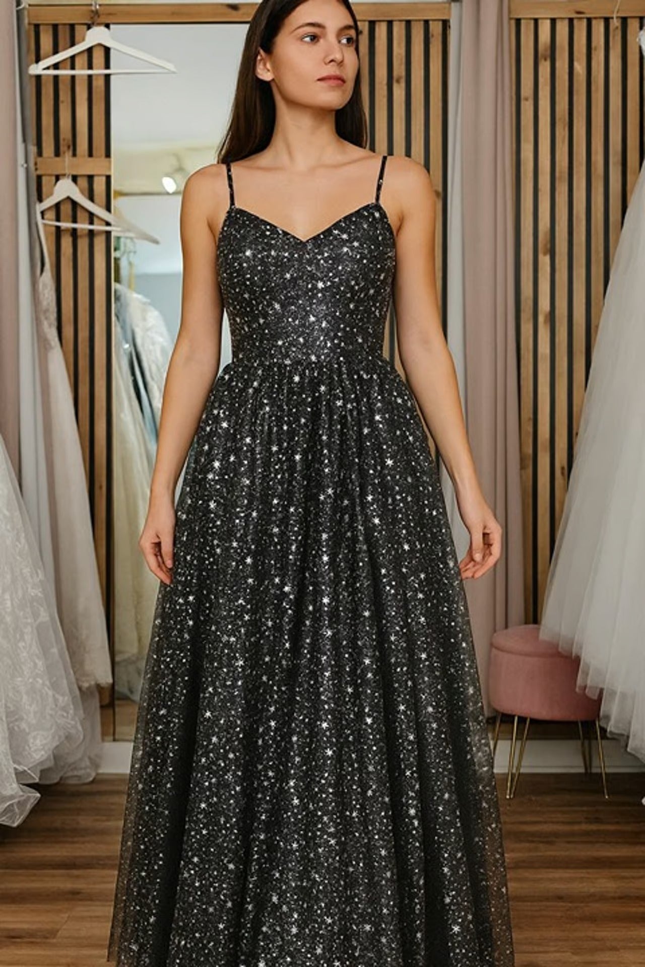 Black Silver Aline Sleeveless Star Dress Floor Length size 14