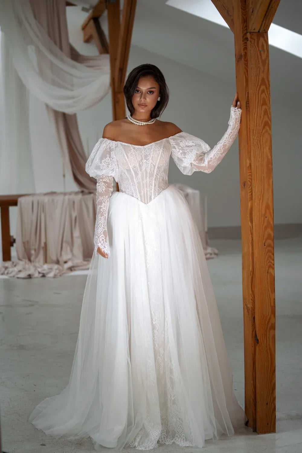 romantic lace off shoulder wedding dress