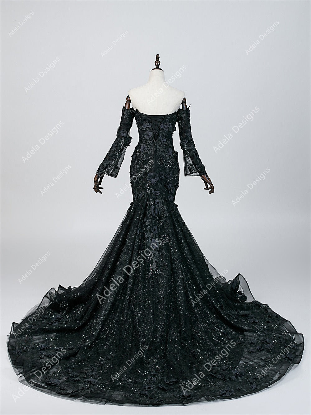 gothic mermaid black wedding dresses Tish Black Wedding Dress, Gothic Sequin Lace Mermaid Gown With High Neck & Long Sleeves, Dramatic Train, Dark Bridal Elegance Alternative