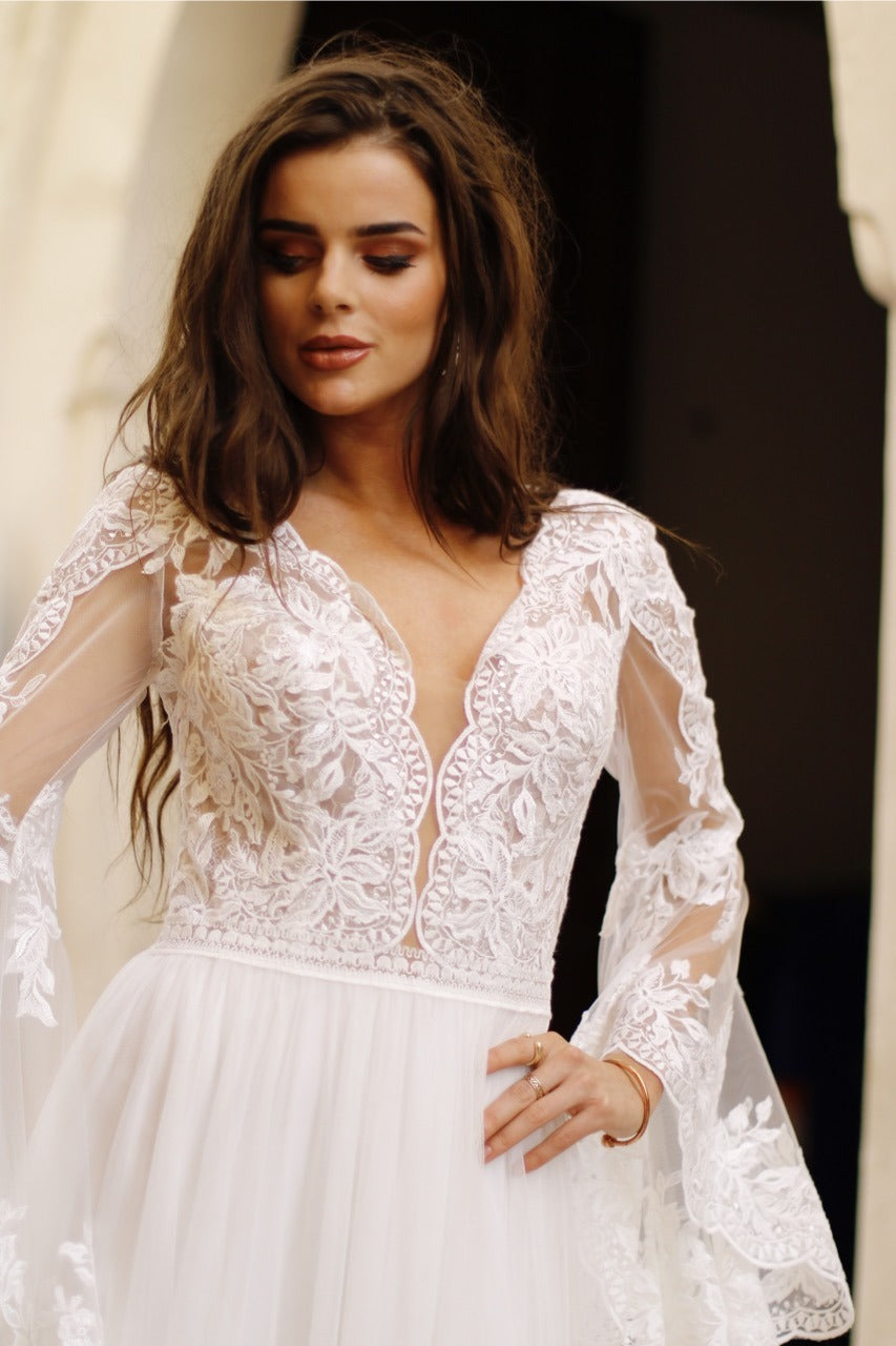 a line wedding dress with bell sleeves Floral Bell Sleeves A-Line Boho Lace Ballgown Wedding Dress Ethereal Princess Off-the-Shoulder Party Evening Gown