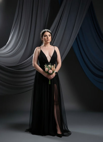 Simple Tulle Black Dress Sleeveless Deep V Neck 2 Slits Size Large