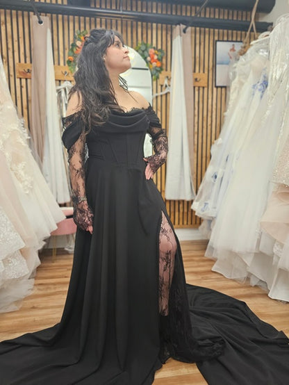 Black Wedding Dress Off the Shoulder Long Sleeve Crepe Size 16