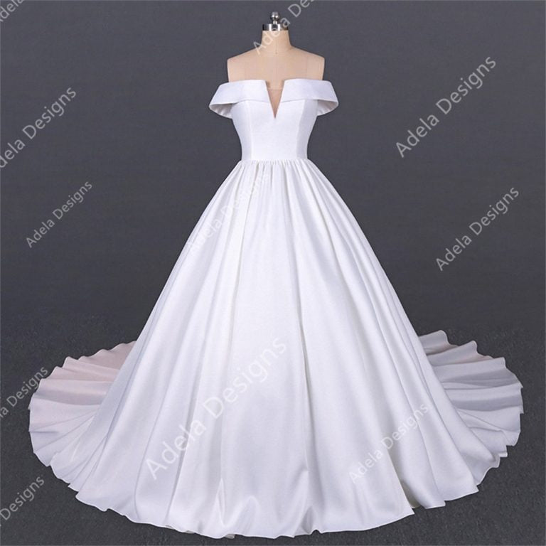Adela Designs Fanny satin off-shoulder ball gown wedding dress, front view with deep V and full skirt