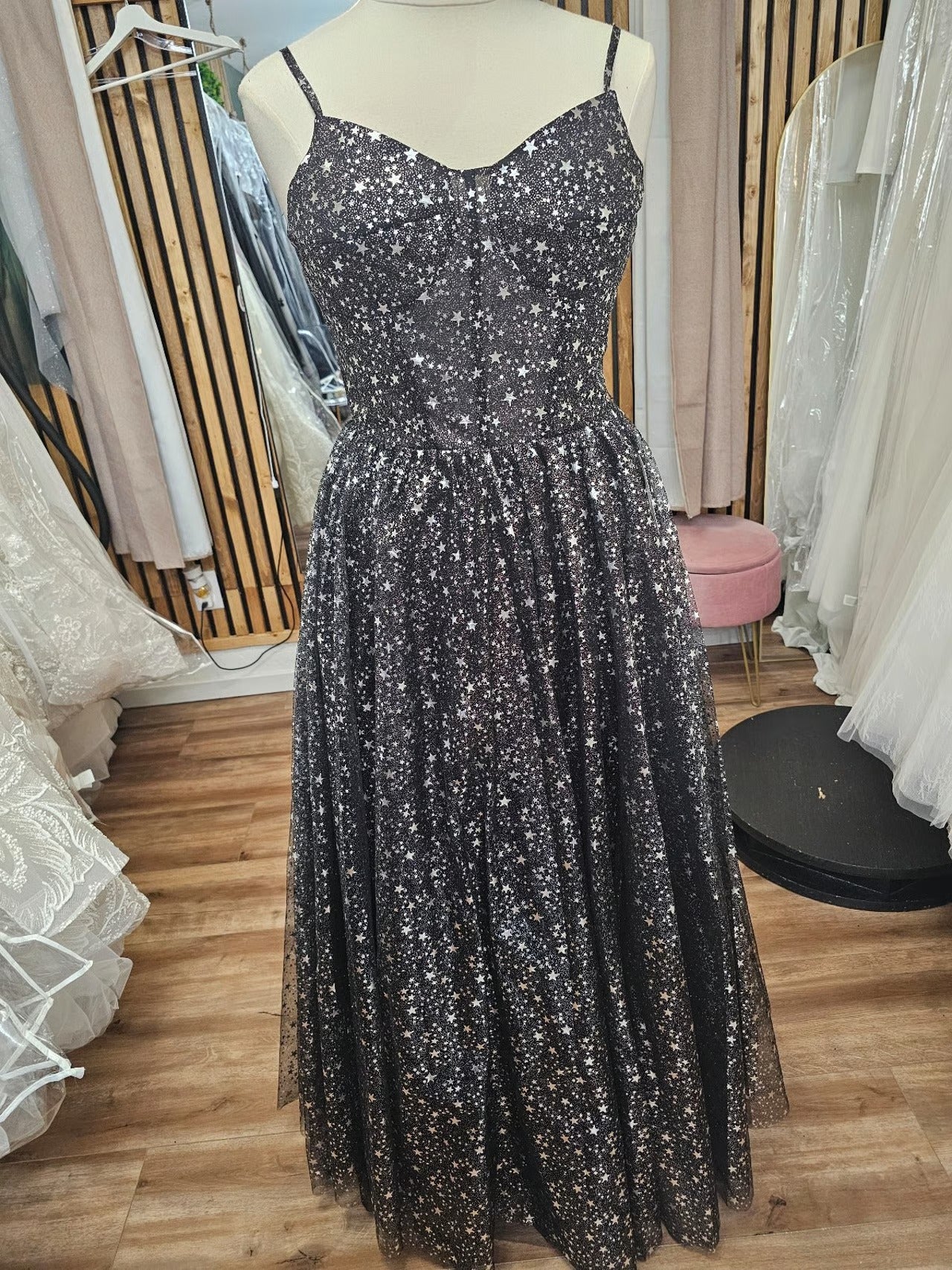 Black Silver Aline Sleeveless Star Dress Floor Length size 14