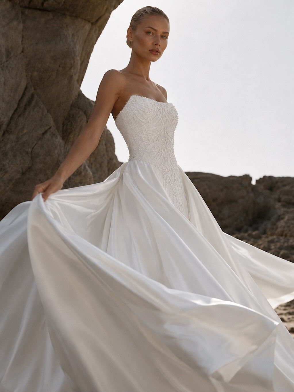 Eniola by Natalia Romanova | Strapless Satin Ball Gown Wedding Dress with Pearl Corset & Basque Waist