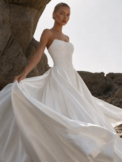 Eniola by Natalia Romanova | Strapless Satin Ball Gown Wedding Dress with Pearl Corset & Basque Waist