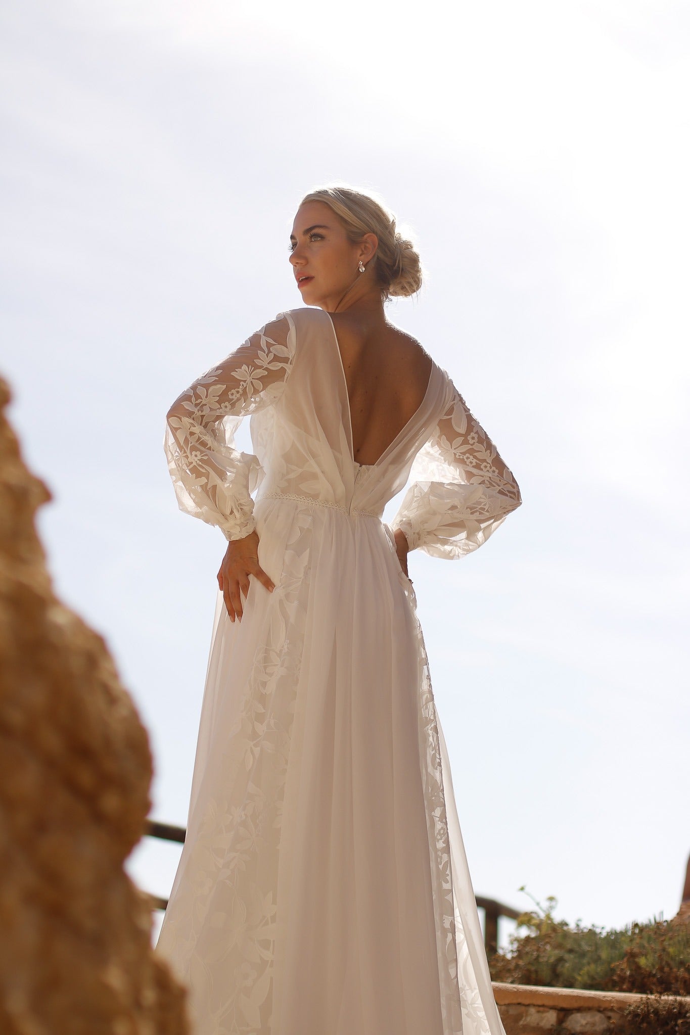Tilly Wedding Dress – Long Lace Sleeves & Floral Chiffon Skirt