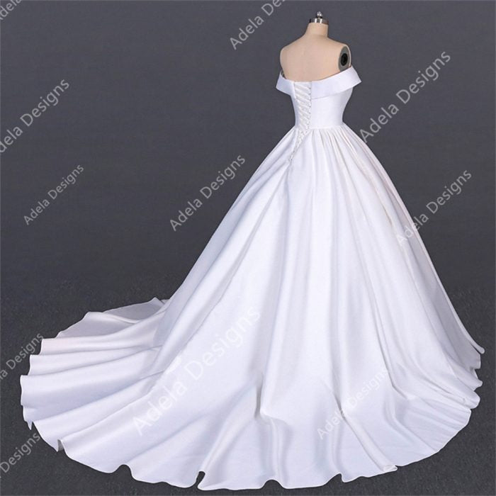 Adela Designs Fanny satin off-shoulder ball gown, corset back with chapel train, rear view