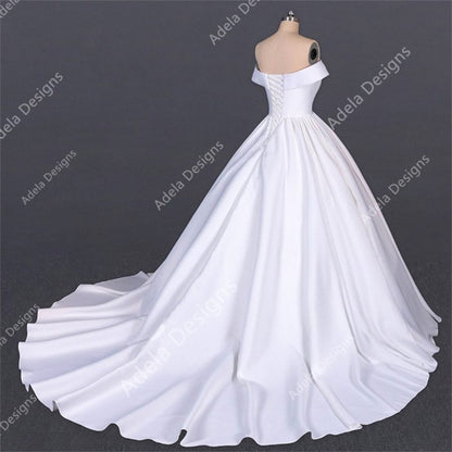 Adela Designs Fanny satin off-shoulder ball gown, corset back with chapel train, rear view