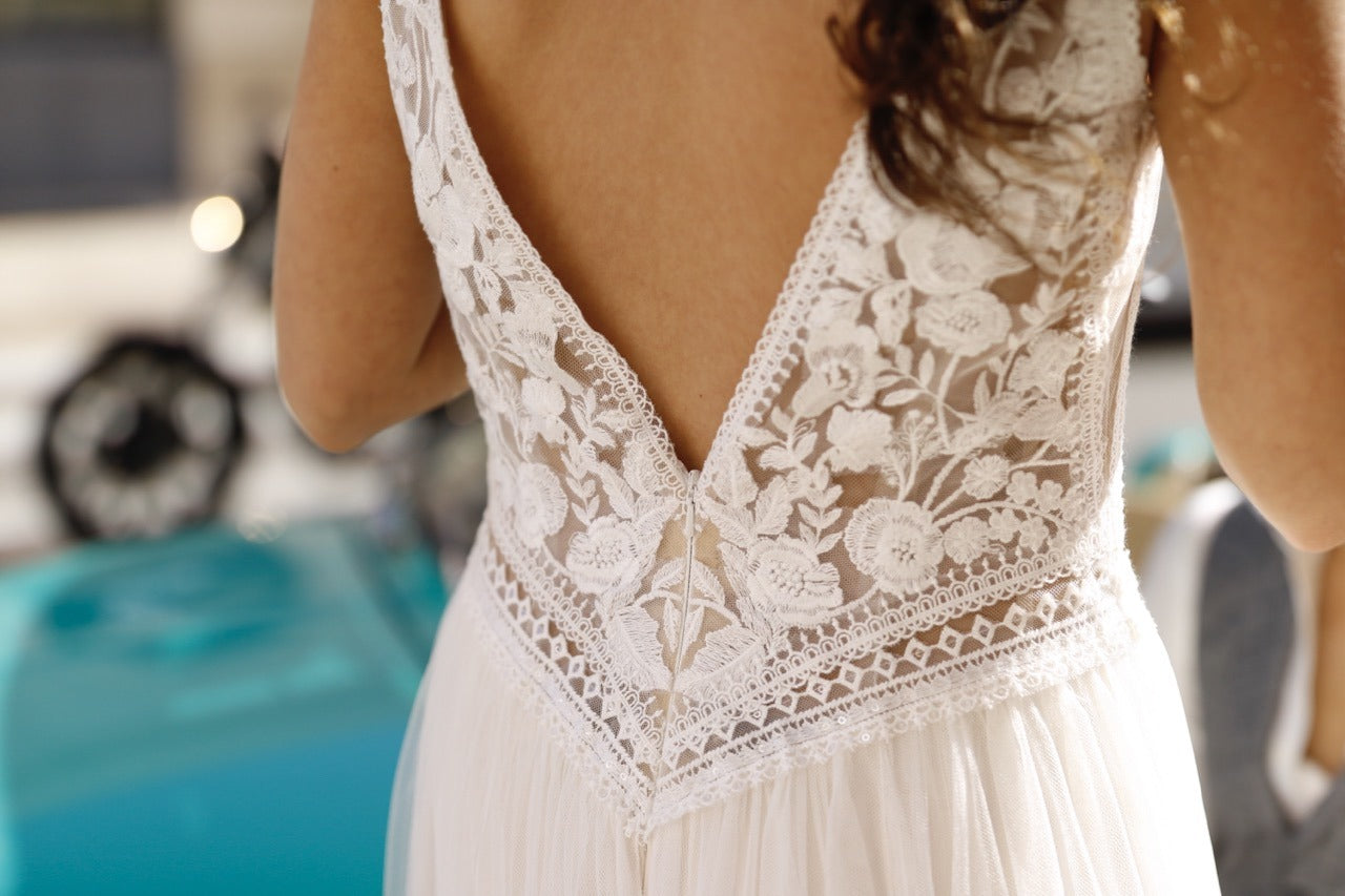 Isoldea Boho Lace A-Line Wedding Dress with Deep V Neck A & M Enterprises Bridal Isoldea Boho Lace A-Line Wedding Dress with Deep V Neck A & M Enterprises Bridal