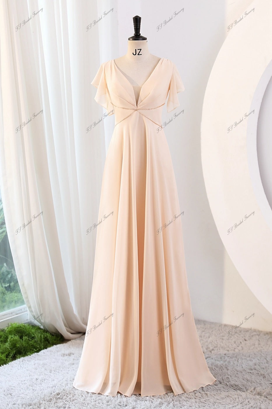 Valleigh A-Line Chiffon Wedding Dress Flutter Sleeves & Plunging V-Neck | A&M Bridal A & M Enterprises Bridal Valleigh A-Line Chiffon Wedding Dress Flutter Sleeves & Plunging V-Neck | A&M Bridal A & M Enterprises Bridal