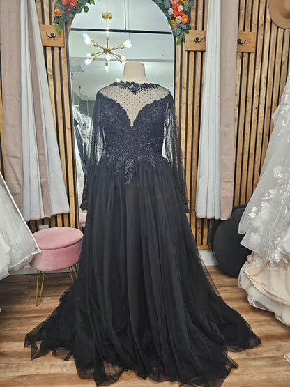 Heavy Beaded Black Wedding Dress Long Sleeves Illusion Neckline Size 18