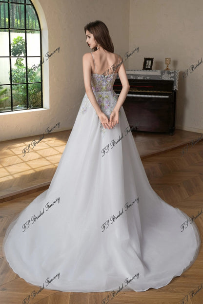 Addison floral beaded lace A-line bridal gown with zipper back and soft train, back view