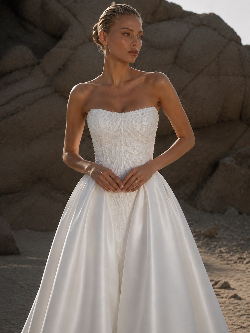 Eniola by Natalia Romanova | Strapless Satin Ball Gown Wedding Dress with Pearl Corset & Basque Waist