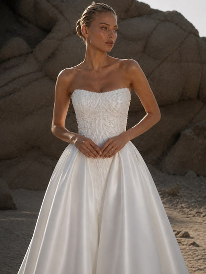 Eniola by Natalia Romanova | Strapless Satin Ball Gown Wedding Dress with Pearl Corset & Basque Waist