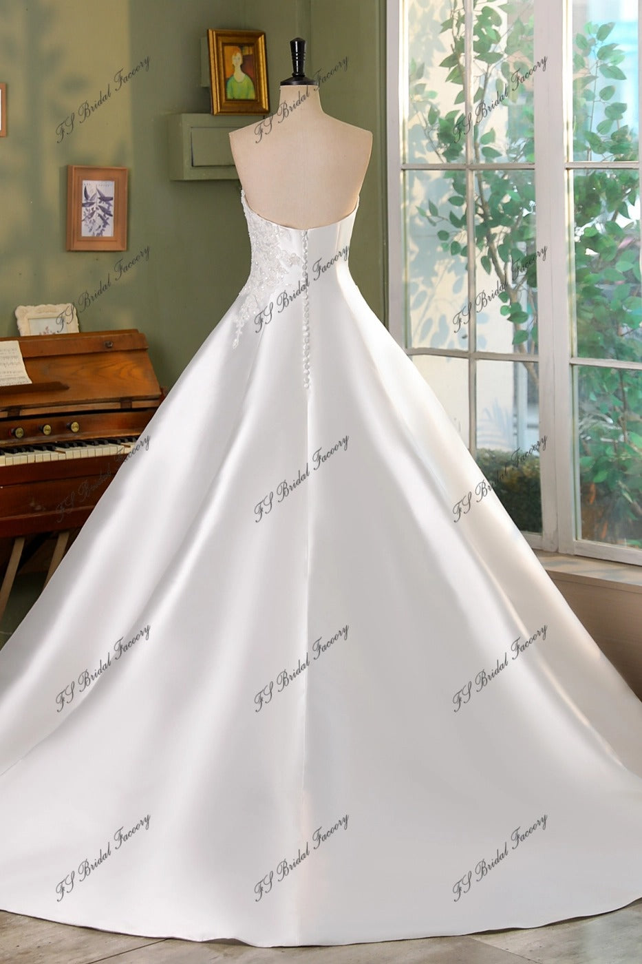 Phanessa strapless mikado ball gown wedding dress, covered-button back and sweeping train, back view.