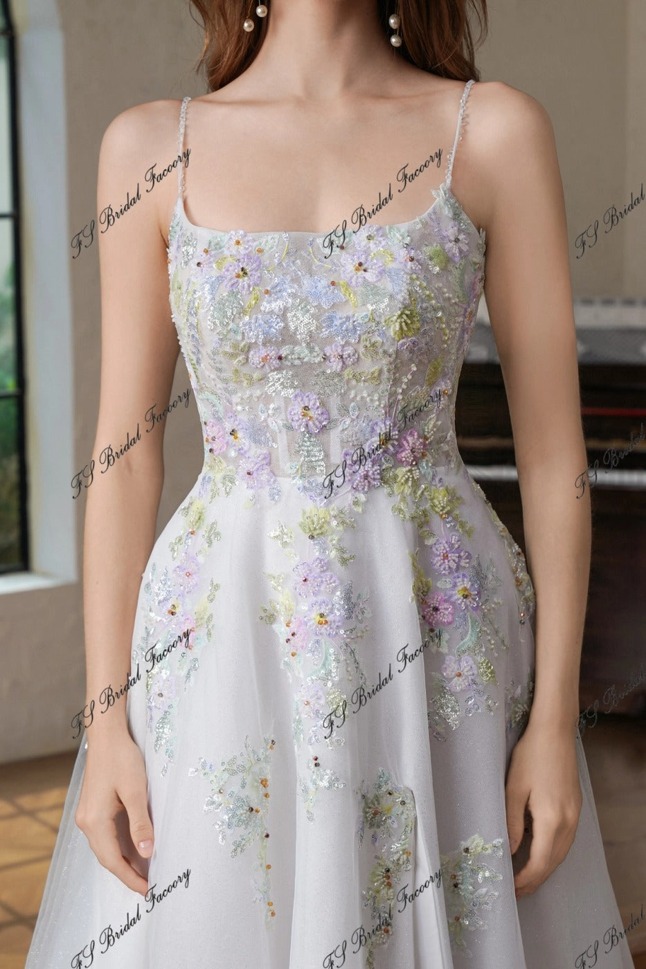 Addison romantic pastel-floral beaded lace bodice and flowy tulle A-line skirt.