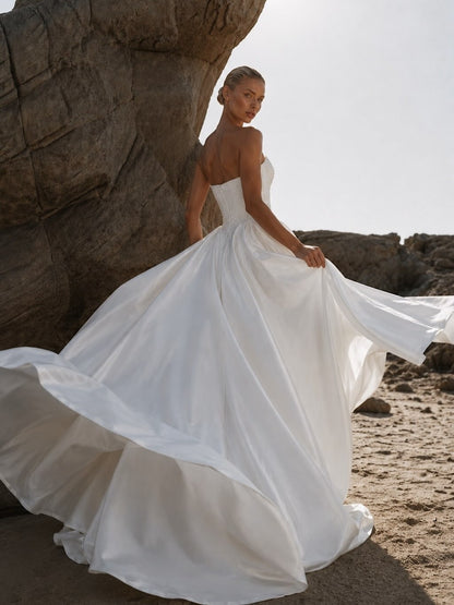 Eniola by Natalia Romanova | Strapless Satin Ball Gown Wedding Dress with Pearl Corset & Basque Waist
