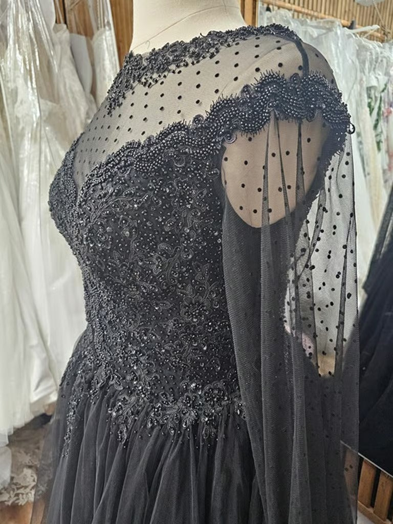 Heavy Beaded Black Wedding Dress Long Sleeves Illusion Neckline Size 18