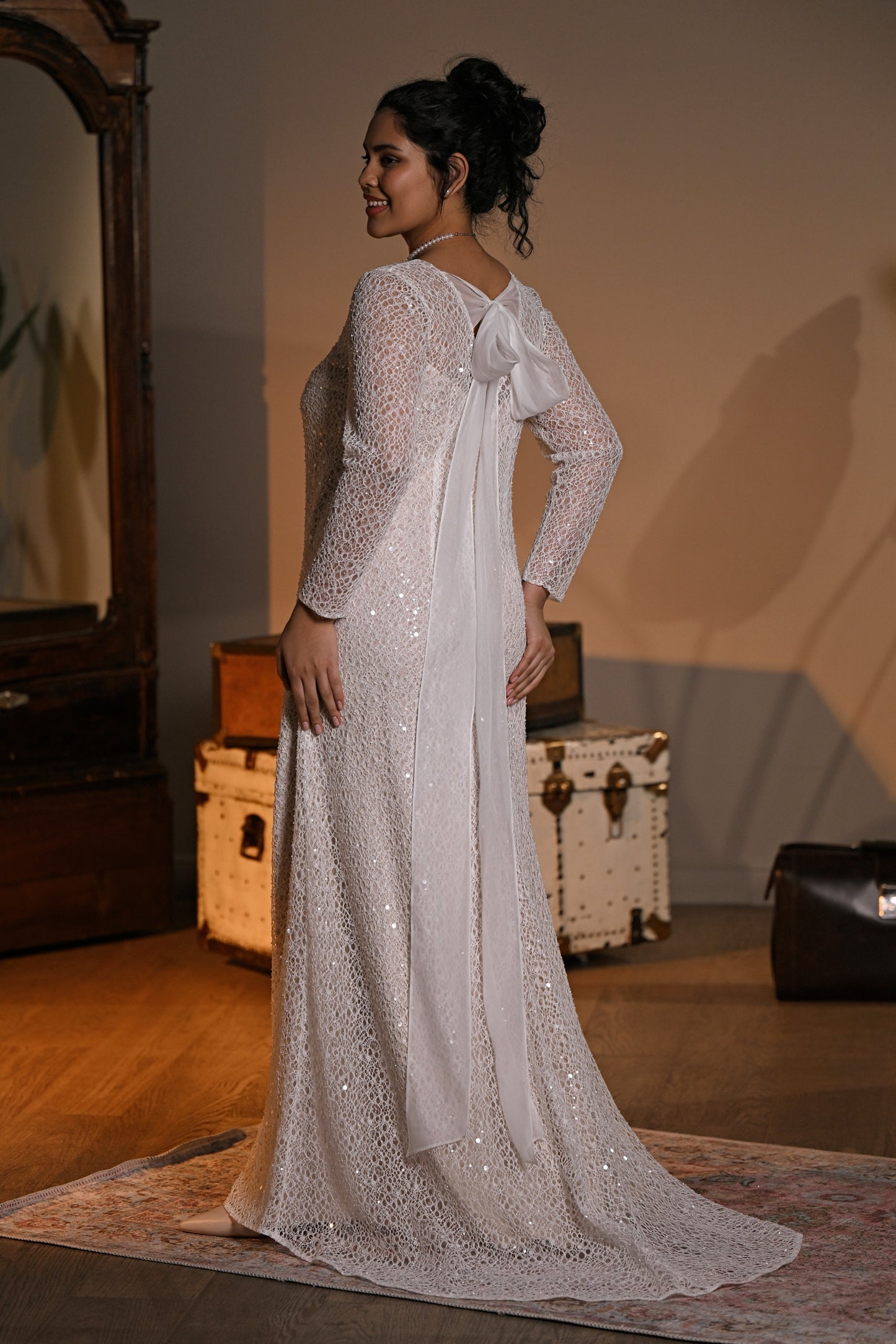 Liticia bridal gown back with statement bow, flowing ties and chapel train—Kookla by Tatiana Kaplun