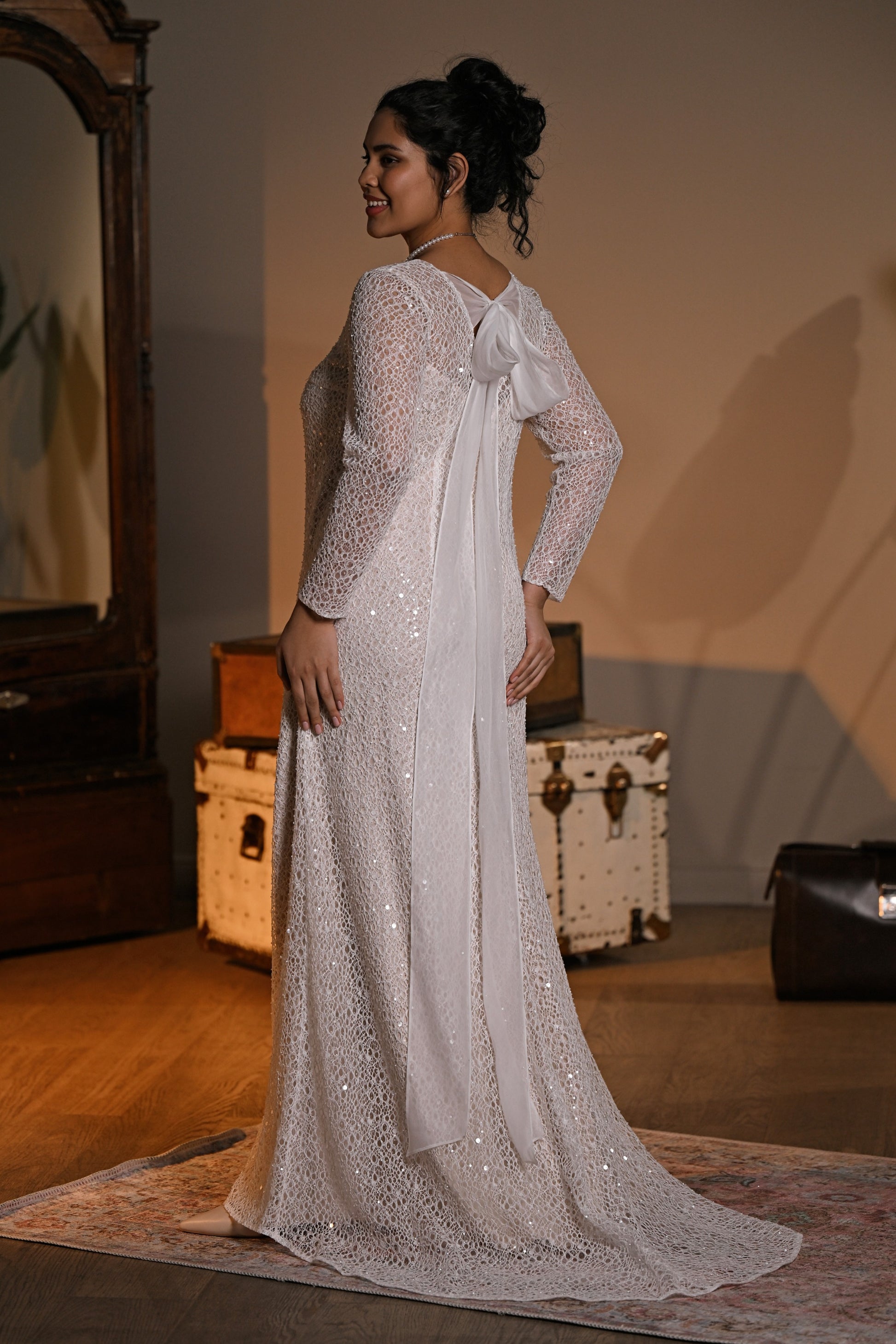 Liticia bridal gown back with statement bow, flowing ties and chapel train—Kookla by Tatiana Kaplun