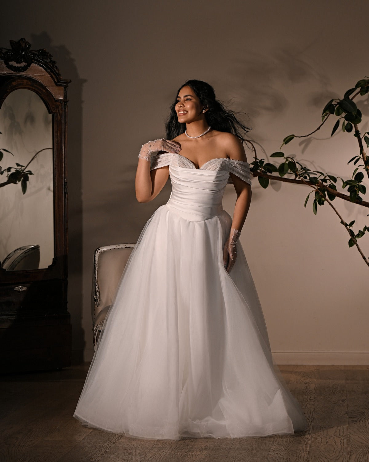 Kookla Lilia off-shoulder tulle ball gown wedding dress with draped corset bodice and euro-tulle skirt