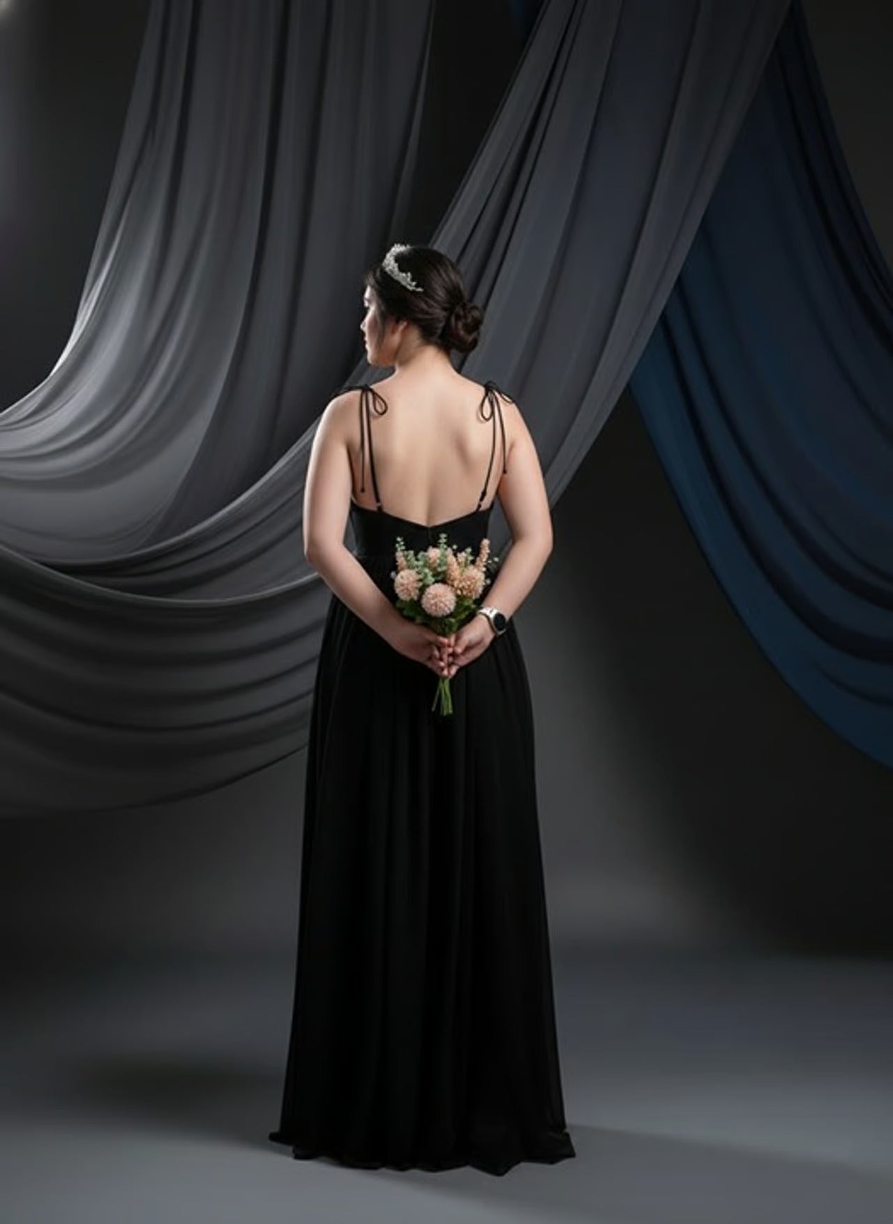 Simple Tulle Black Dress Sleeveless Deep V Neck 2 Slits Size Large