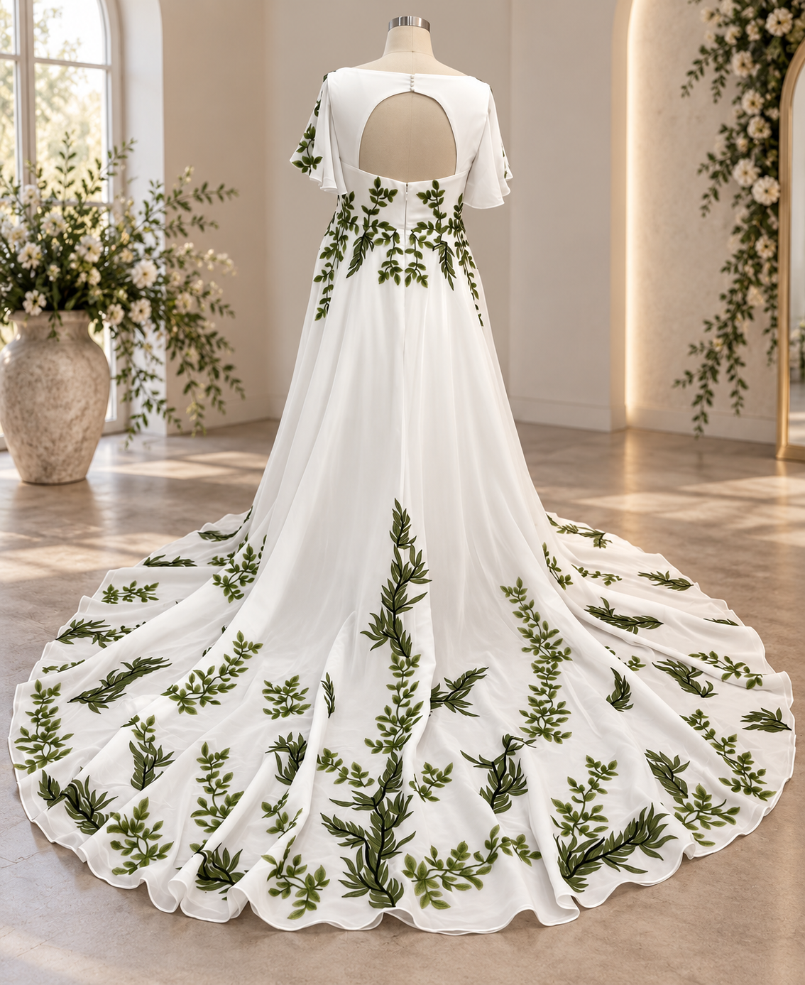 Back of Linda green botanical wedding dress with open keyhole back, leaf embroidery and long flowing train