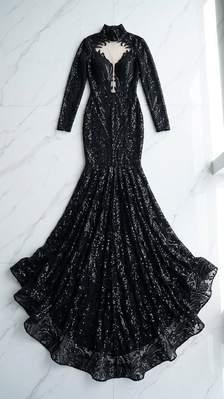 Tish Gothic Wedding Dress – Black Sequin Lace Mermaid Gown with High Neck –  A & M Enterprises Bridal