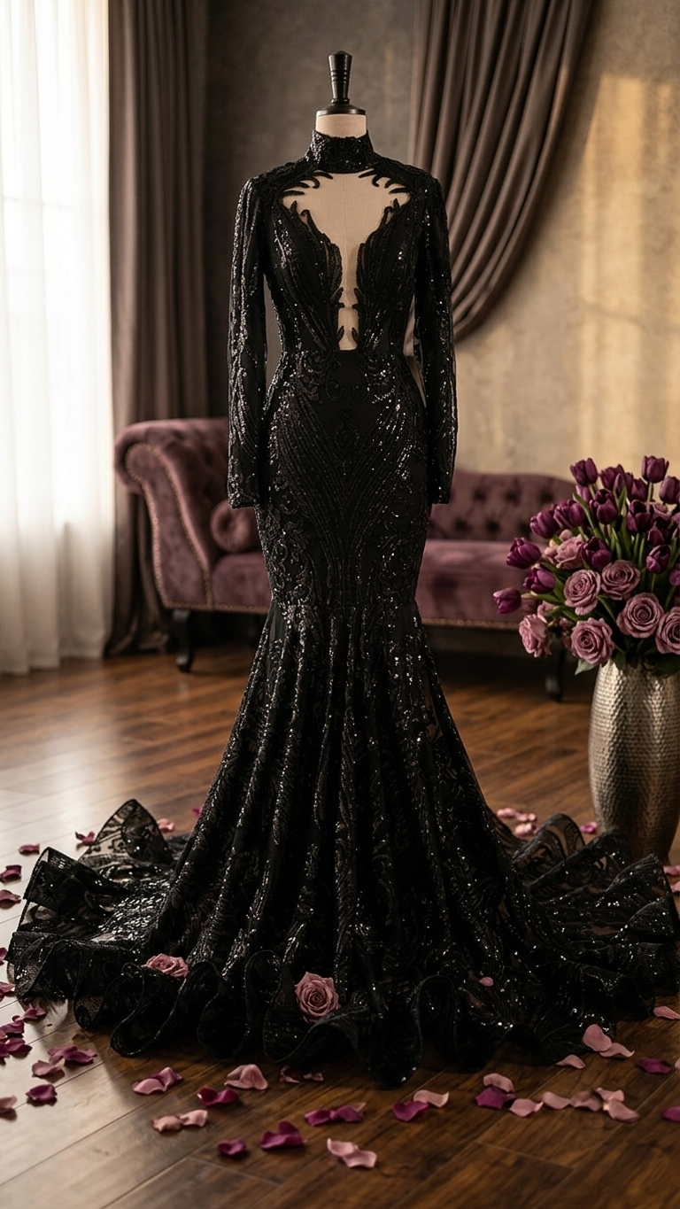 Tish Gothic Wedding Dress Black Sequin Lace Mermaid Gown with High Neck A & M Enterprises Bridal Tish Gothic Wedding Dress Black Sequin Lace Mermaid Gown with High Neck A & M Enterprises Bridal