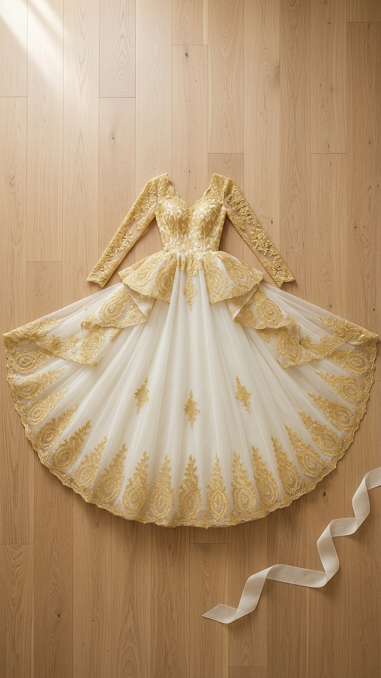 Rhea Gold Embroidered Ball Gown Wedding Dress – A & M Enterprises Bridal