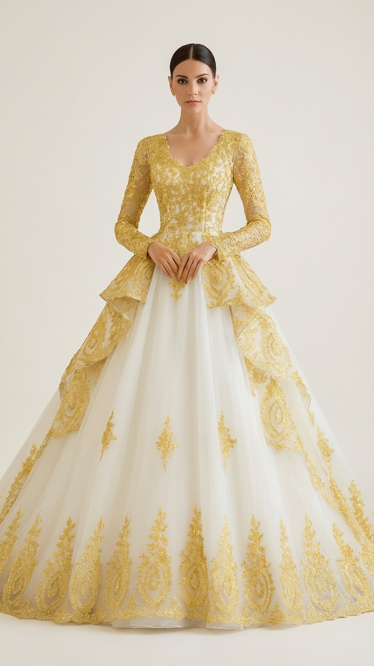 Rhea Gold Embroidered Ball Gown Wedding Dress – A & M Enterprises Bridal