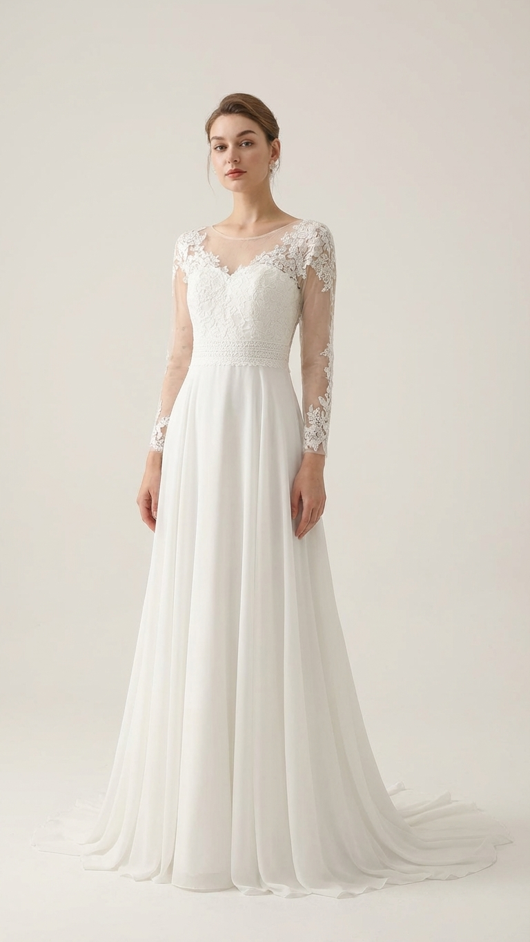 chiffon wedding dress with sleeves Emmy Long Sleeve A-Line Chiffon Wedding Dress Lace Back – A & M Enterprises Bridal