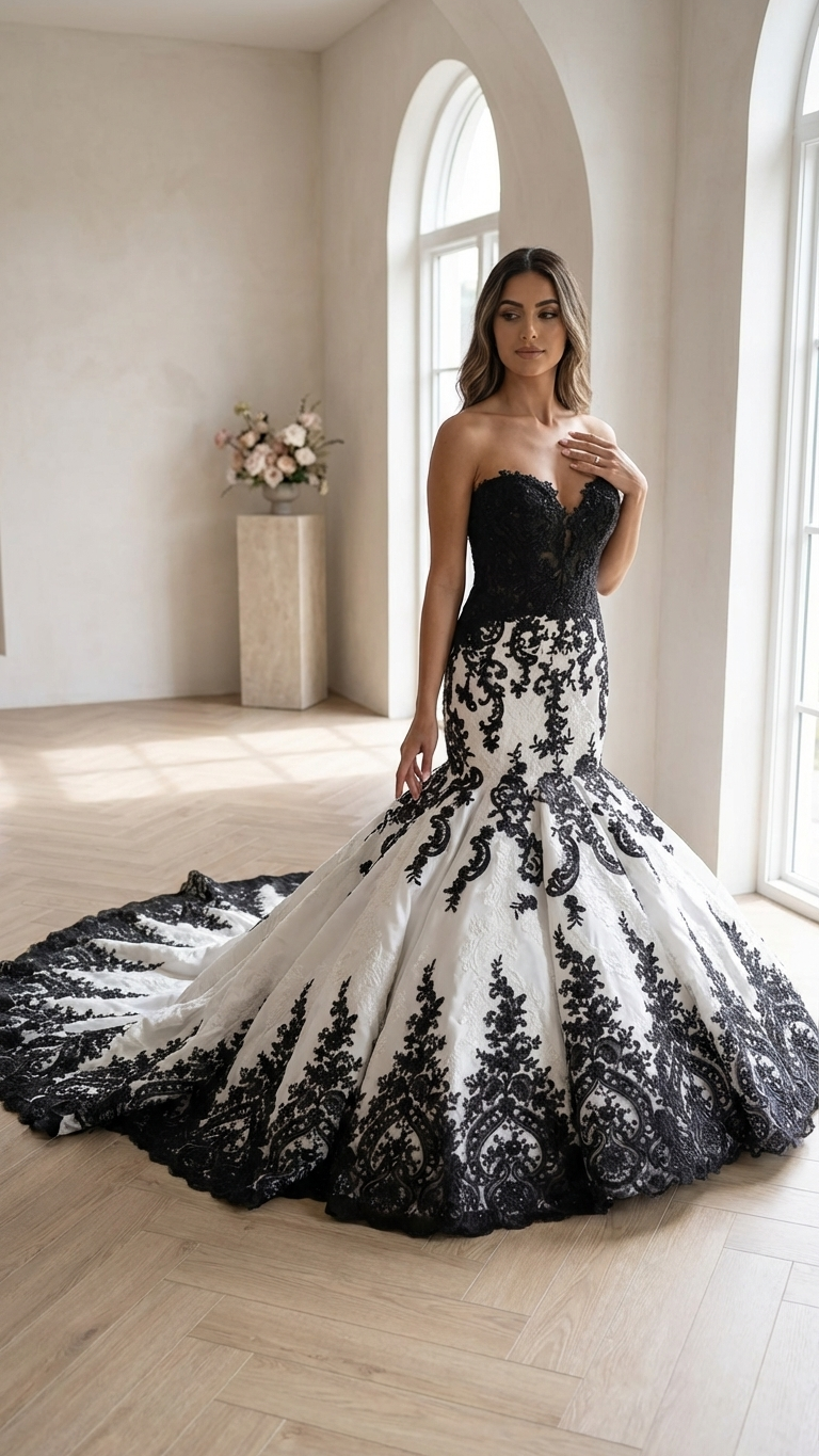 Elegance En Noir Black Lace Mermaid Wedding Dress | Gothic Bridal Gown A & M Enterprises Bridal Elegance En Noir Black Lace Mermaid Wedding Dress | Gothic Bridal Gown A & M Enterprises Bridal