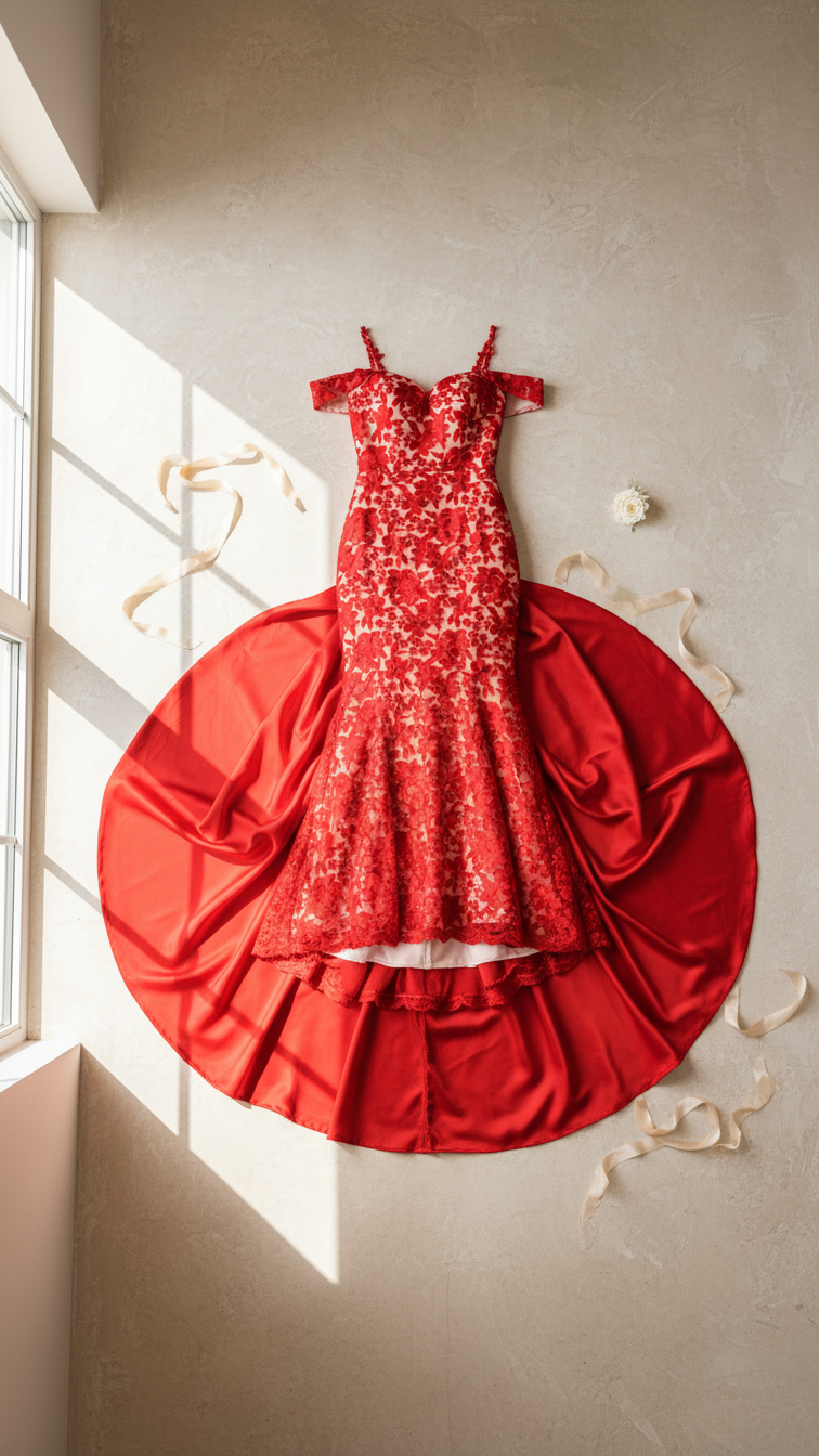 Crimson Blossom Lace Wedding Dress – Red, Ivory, or Black Off Shoulder Bridal Gown with Detachable Overskirt – A & M Enterprises Bridal