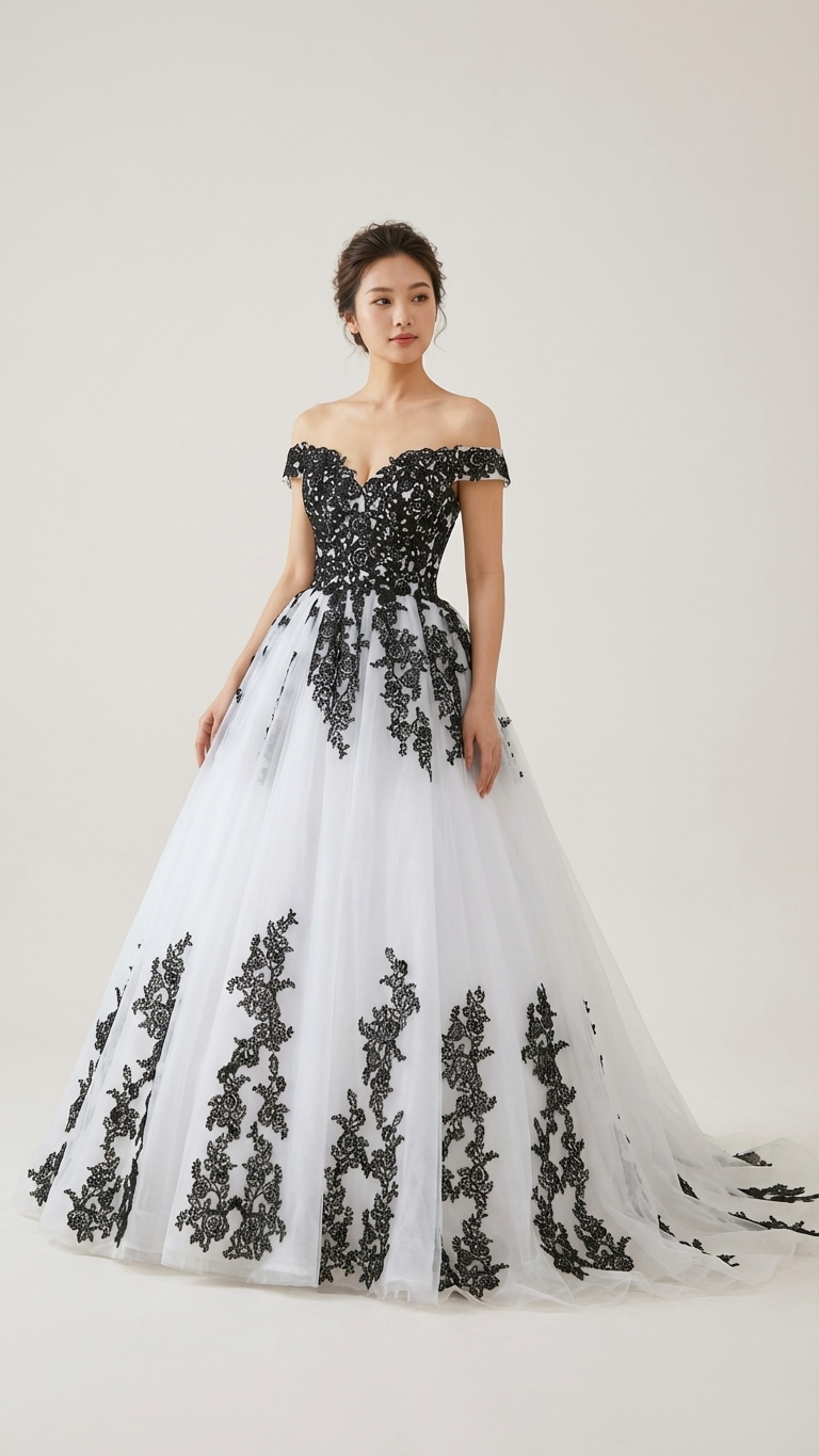 black and white bridal dress Elaska Wedding Dress, Lace & Tulle Ball Gown, Off-Shoulder Sweetheart Bridal, Gothic Fairytale Gown Corset Alternative Bride inspired masterpiece captivates with its bold interplay of black and white Missacc Bride Black And White