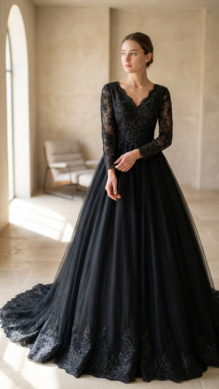 Rebecca Black Wedding Dress – Gothic Lace Ball Gown with Long Sleeves