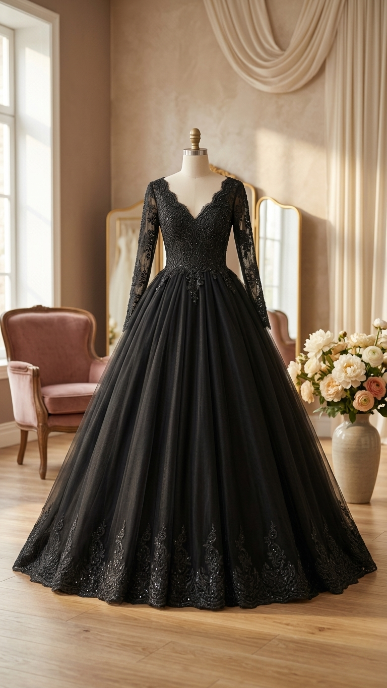 Rebecca Black Wedding Dress Gothic Lace Ball Gown with Long Sleeves | Dark Bridal A & M Enterprises Bridal Rebecca Black Wedding Dress Gothic Lace Ball Gown with Long Sleeves | Dark Bridal A & M Enterprises Bridal