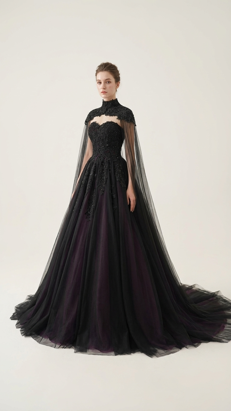 Hazel Gothic Wedding Dress – Black Ball Gown with Beaded Cape