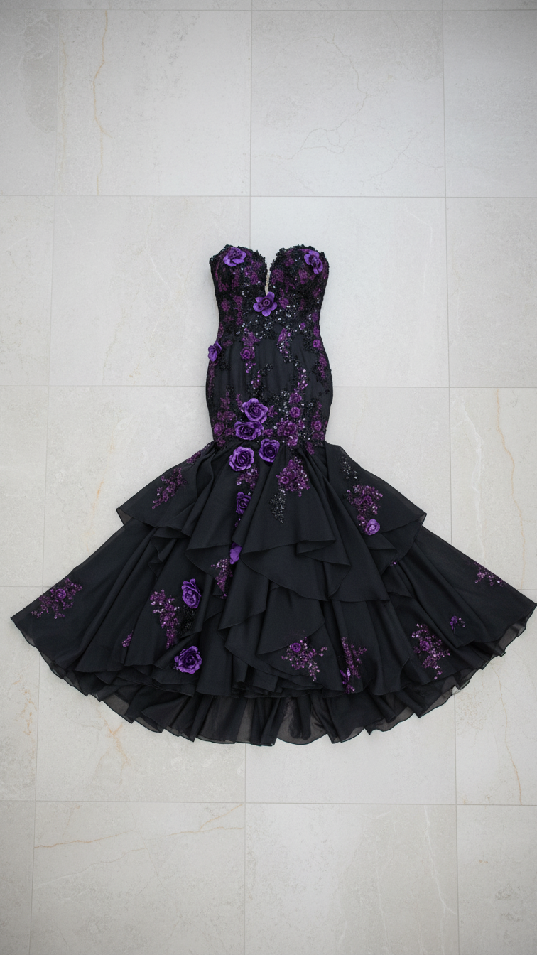 Amethyst Allure Black & Purple Floral Mermaid Wedding Dress by Enchantiva A & M Enterprises Bridal Amethyst Allure Black & Purple Floral Mermaid Wedding Dress by Enchantiva A & M Enterprises Bridal