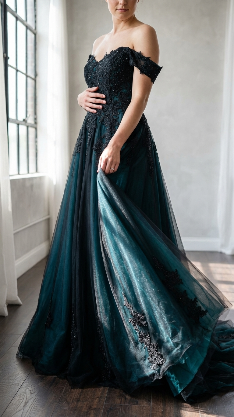 Lysandra Gothic Wedding Dress – Black Lace Ball Gown in Green, Purple or Red