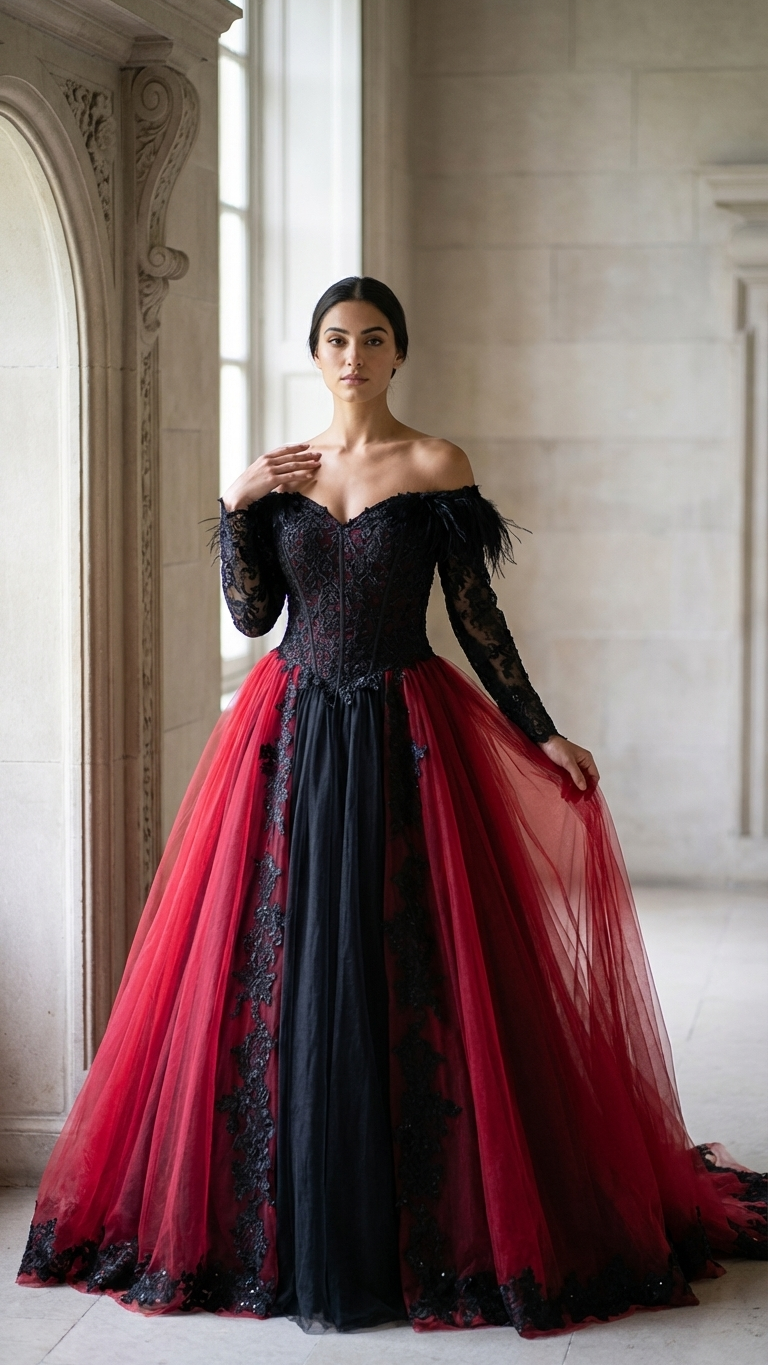 Crimson Raven Gothic Wedding Dress | Viva la Pepa Black & Red Gown A & M Enterprises Bridal Crimson Raven Gothic Wedding Dress | Viva la Pepa Black & Red Gown A & M Enterprises Bridal