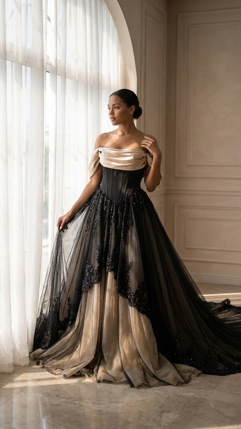 black and champagne wedding dress Arynn Gothic Marlina Strapless Jacquard Mini 10-11 Years Size:UK 2 Ball Gown Neckline