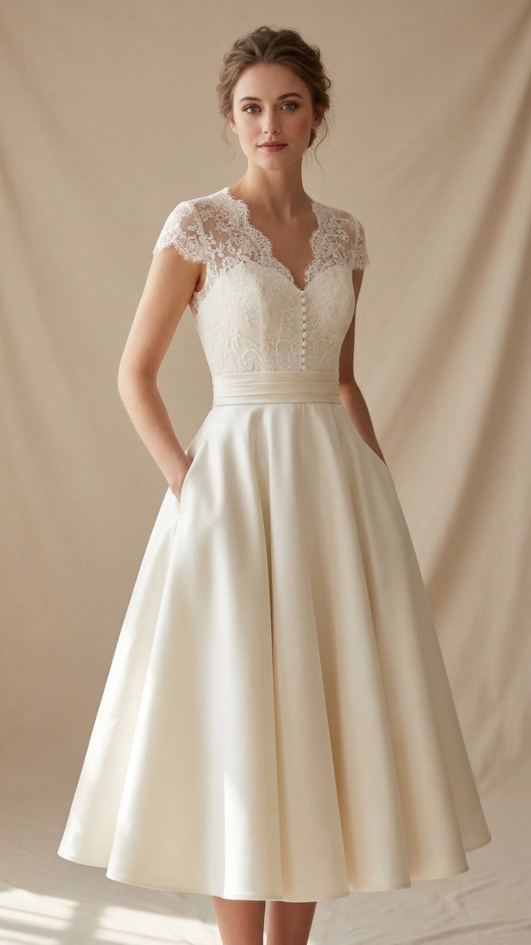 Grace vintage tea length wedding dress with lace V-neck bodice, cap sleeves and full satin A-line skirt