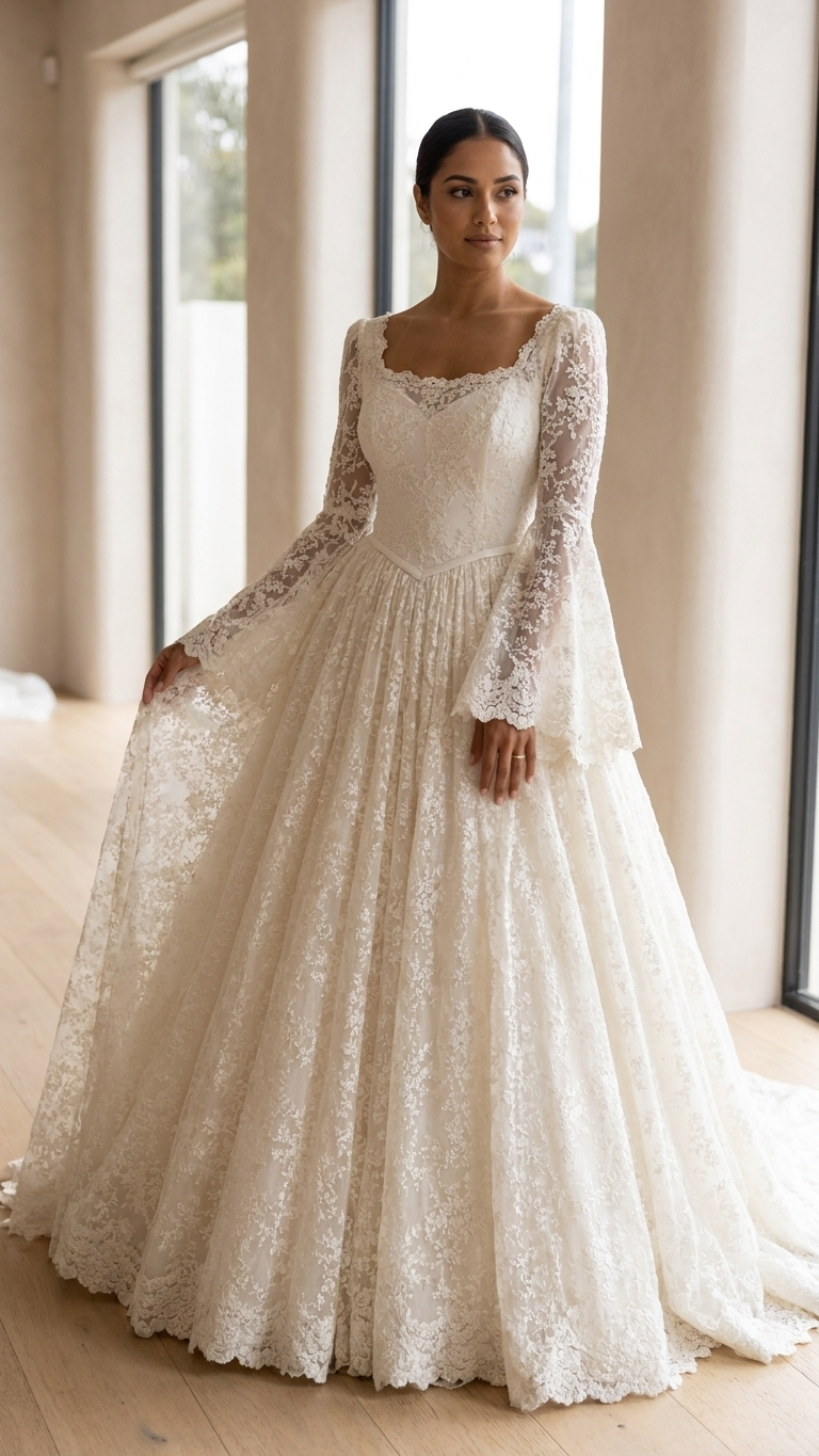 Rozaline | Romantic Long Sleeve Lace Wedding Dress with Basque Waist & Cathedral Train