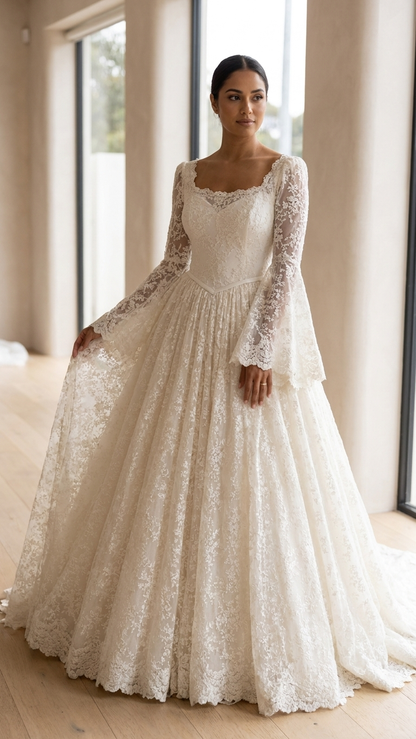 Rozaline | Romantic Long Sleeve Lace Wedding Dress with Basque Waist & Cathedral Train