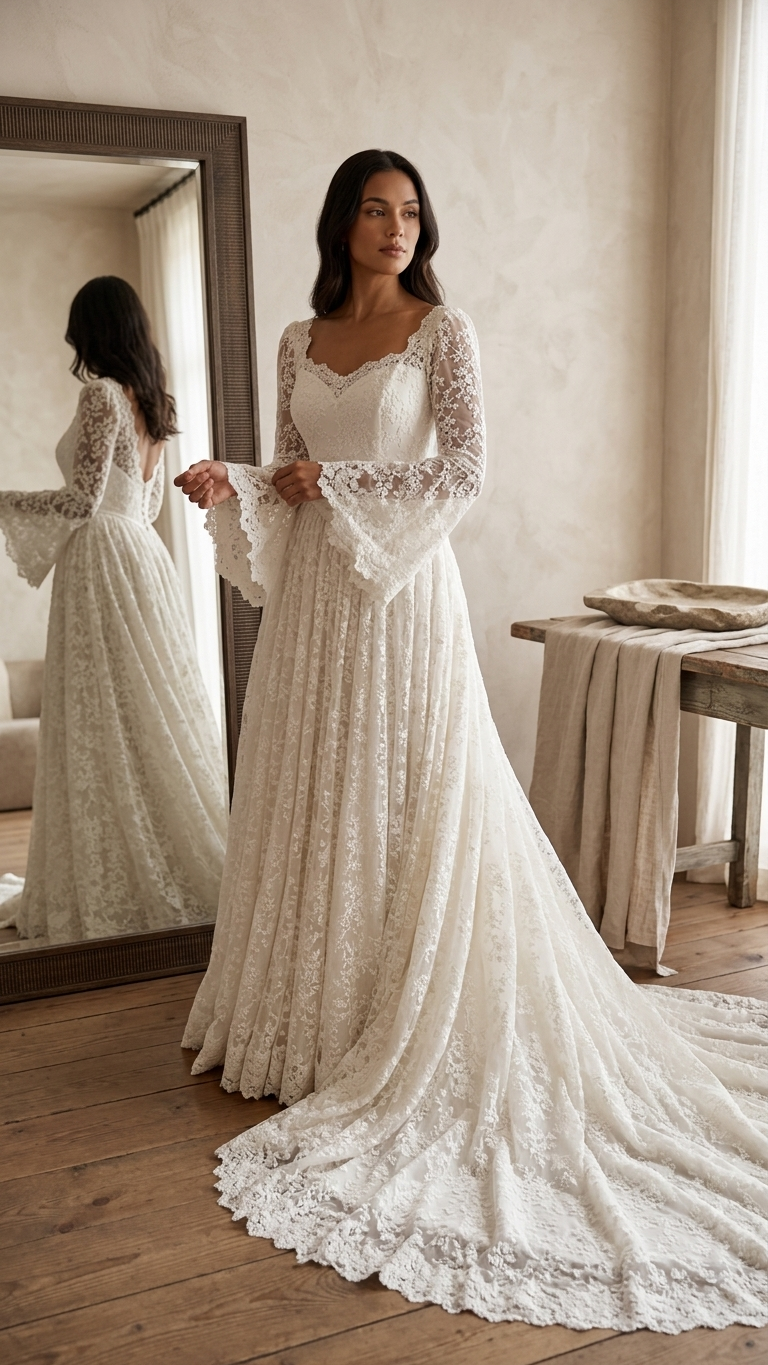 Rozaline | Romantic Long Sleeve Lace Wedding Dress with Basque Waist & Cathedral Train