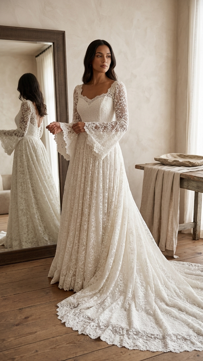 Rozaline | Romantic Long Sleeve Lace Wedding Dress with Basque Waist & Cathedral Train