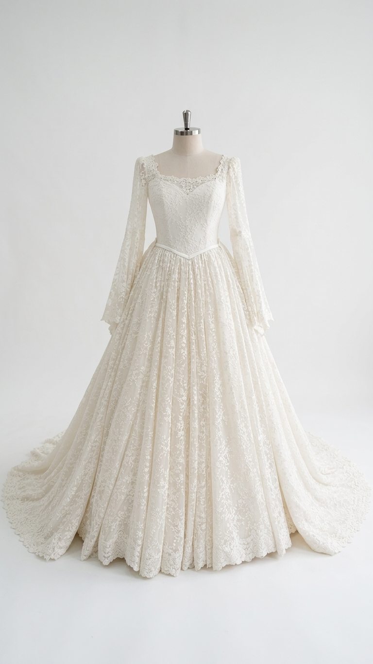 Rozaline | Romantic Long Sleeve Lace Wedding Dress with Basque Waist & Cathedral Train