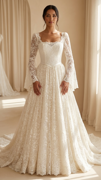 Rozaline | Romantic Long Sleeve Lace Wedding Dress with Basque Waist & Cathedral Train